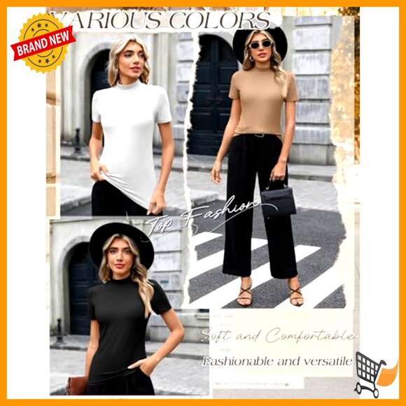 Mock Turtleneck Ribbed Tees Slim Fit Layering Tops Lightweight Cotton Blend - Picture 6 of 7